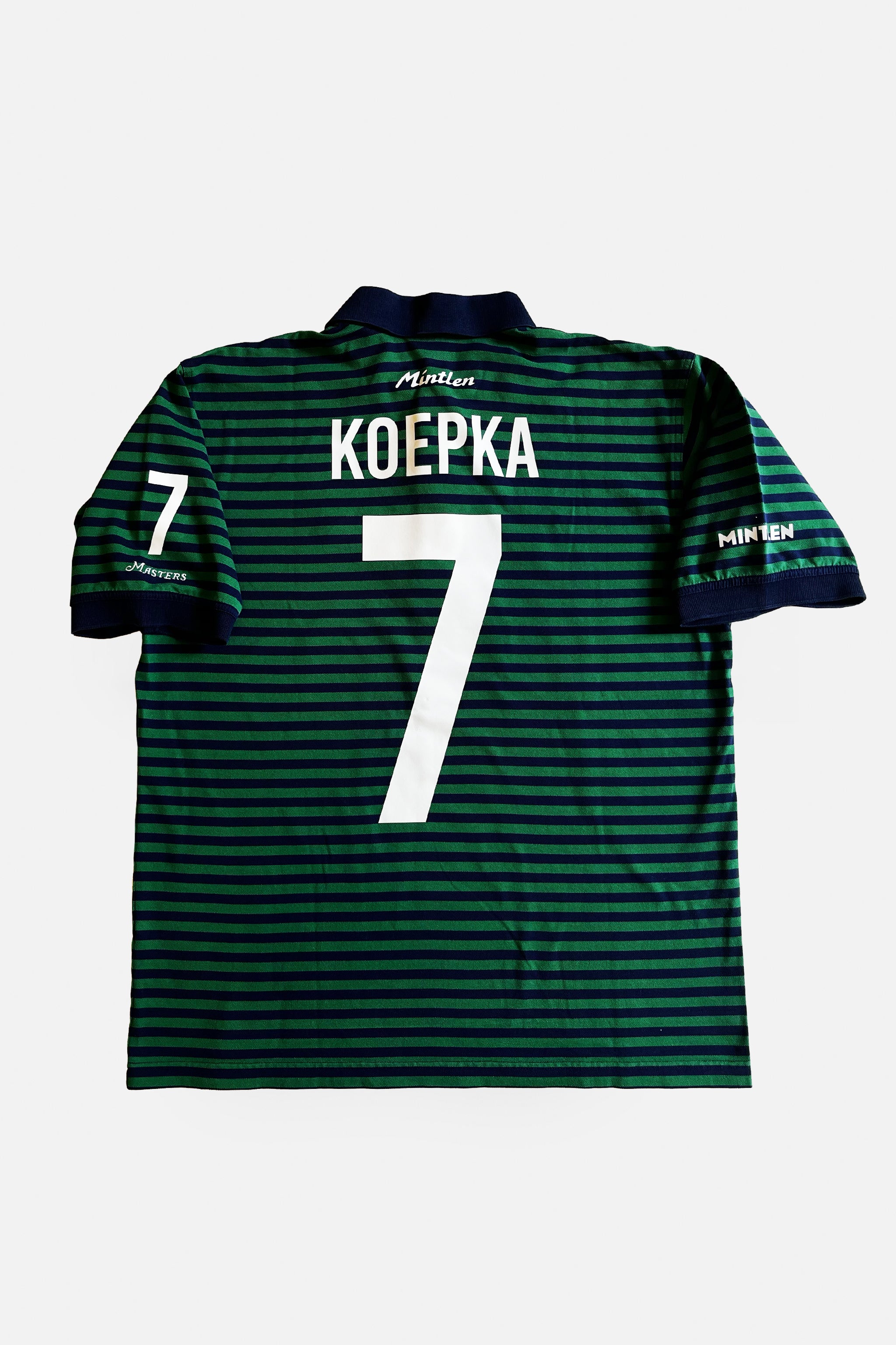 KOEPKA No. 7 Golf Jersey – Mintlen Golf Café – Azalea Green and Navy Blue Stripes | 1 of 18