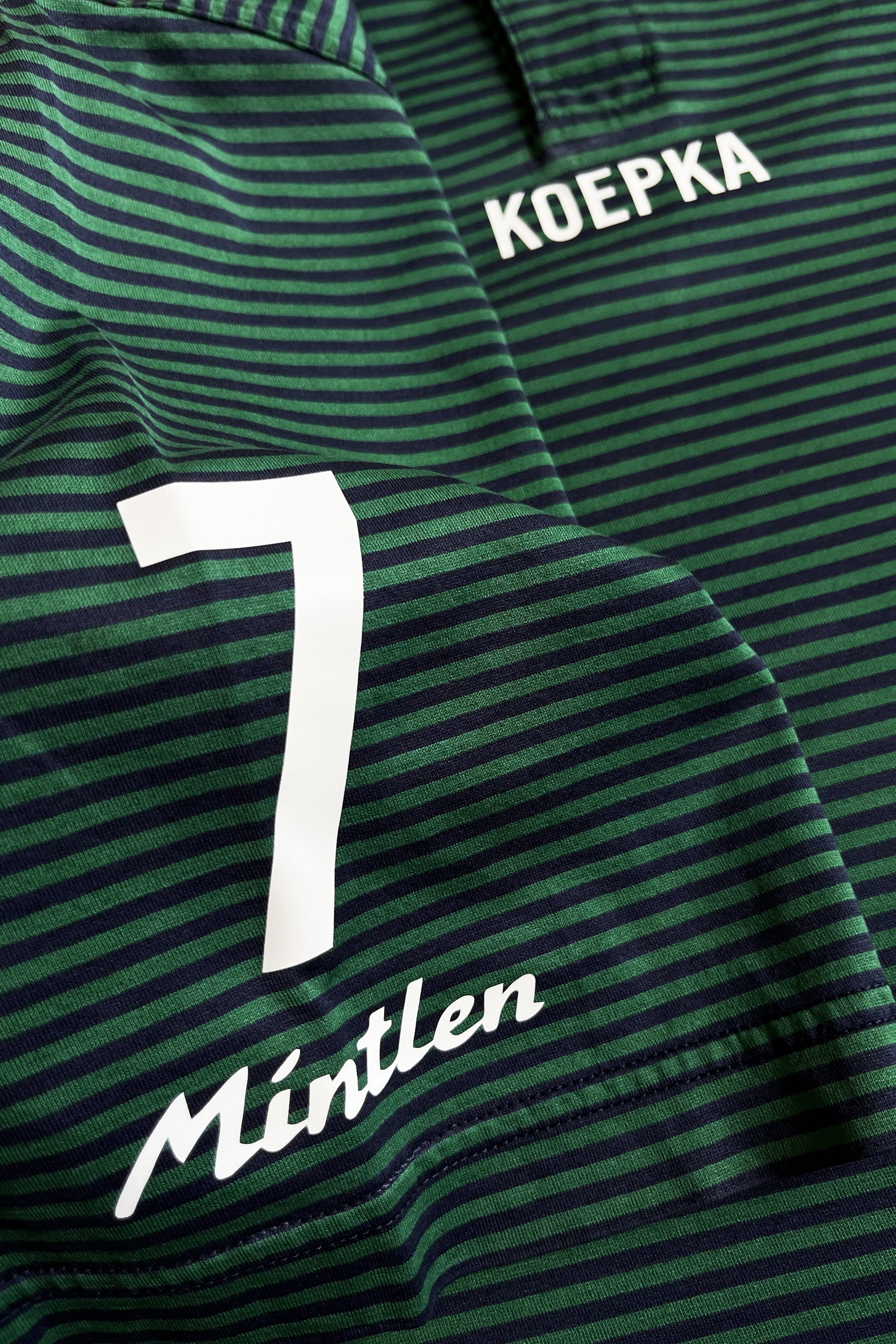 KOEPKA No. 7 Golf Jersey – Mintlen Golf Café – Azalea Green and Navy Stripes | 7 of 18