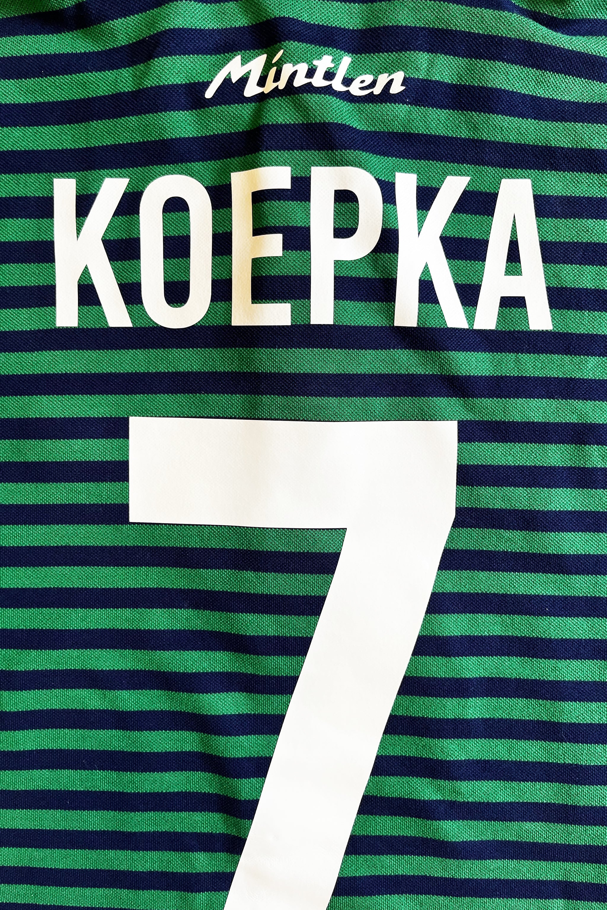 KOEPKA No. 7 Golf Jersey – Mintlen Golf Café – Azalea Green and Navy Blue Stripes | 1 of 18